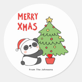 Pegatina Redonda Oso De Panda Cuto Con Árbol De Navidad