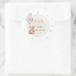 Pegatina Redonda Oso de peluche Agradecimiento de Baby Shower Rústi