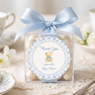 Pegatina Redonda Oso de peluche azul a cuadros Baby Shower