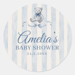 Pegatina Redonda Oso de peluche azul Acuarela Rayas Baby Shower