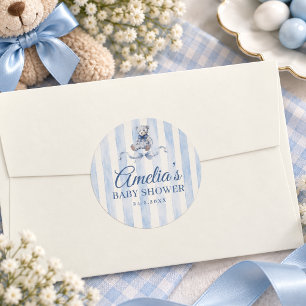 Pegatina Redonda Oso de peluche azul Acuarela Rayas Baby Shower