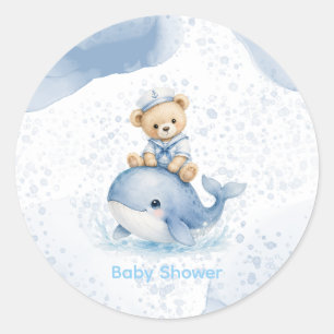 Pegatina Redonda Oso de peluche azul en la ducha de bebé de niño ba