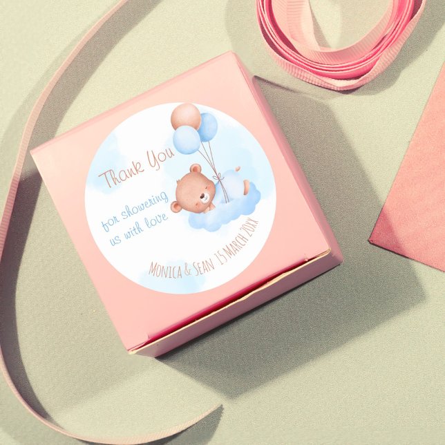 Pegatina Redonda Oso de peluche azul pastel acuarela bebé ducha (teddy bear baby shower thank you favor stickers)