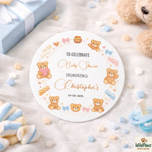 Pegatina Redonda Oso de peluche Baby Shower Niño Lindo Oso Azul