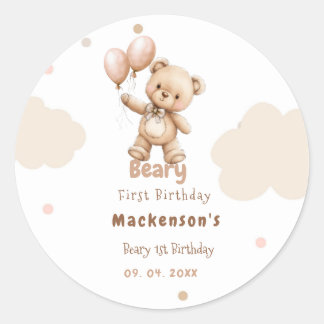 Pegatina Redonda Oso de peluche Beary First Balloon Boy cumpleaños