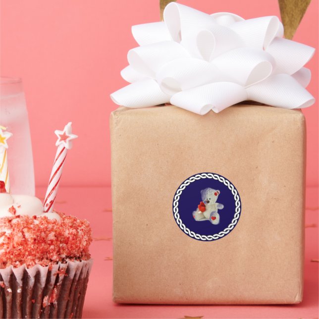 Pegatina Redonda Oso de peluche blanco, marco de círculo blanco, (Fiesta)