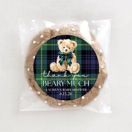 Pegatina Redonda Oso de peluche clásico a cuadros para baby shower 
