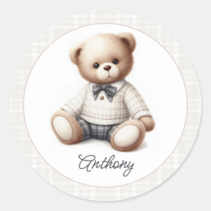 Pegatina Redonda Oso de peluche clásico preppy Cumpleaños personali