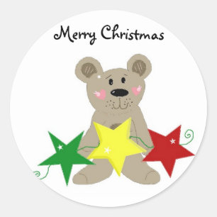 Pegatina Redonda Oso de peluche con estrellas navideñas
