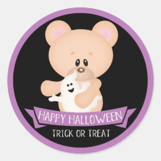 Pegatina Redonda Oso de peluche con fantasma - Halloween
