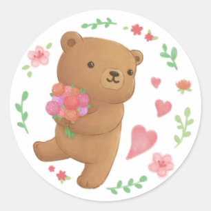 Pegatina Redonda Oso de peluche con flores