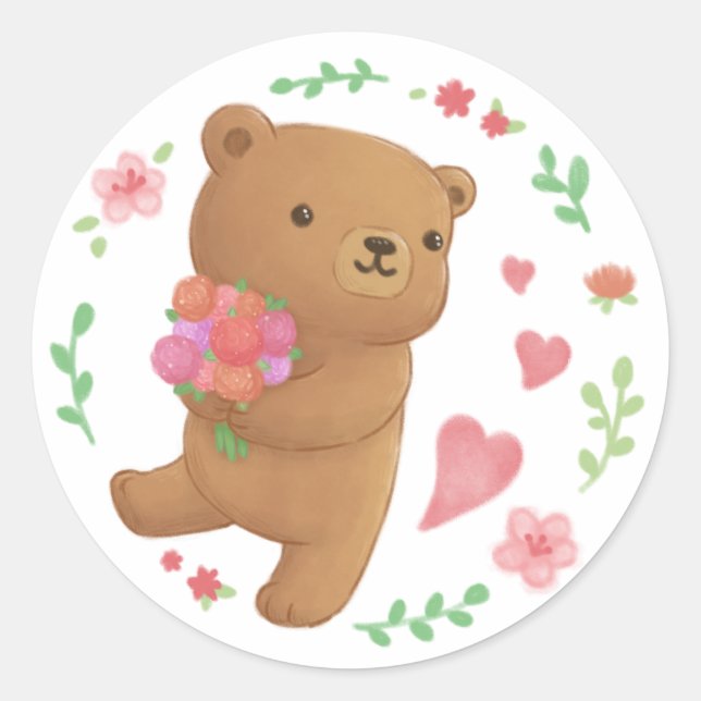 Pegatina Redonda Oso de peluche con flores (Anverso)