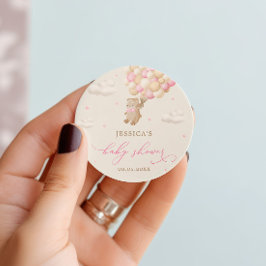 Pegatina Redonda Oso de peluche con globos rosados Baby Shower