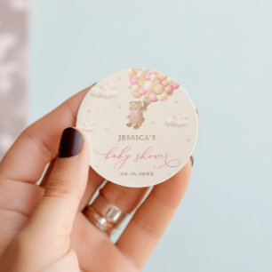 Pegatina Redonda Oso de peluche con globos rosados Baby Shower