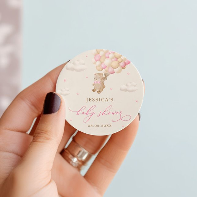 Pegatina Redonda Oso de peluche con globos rosados Baby Shower (Subido por el creador)