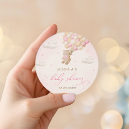 Pegatina Redonda Oso de peluche con globos rosados Baby Shower