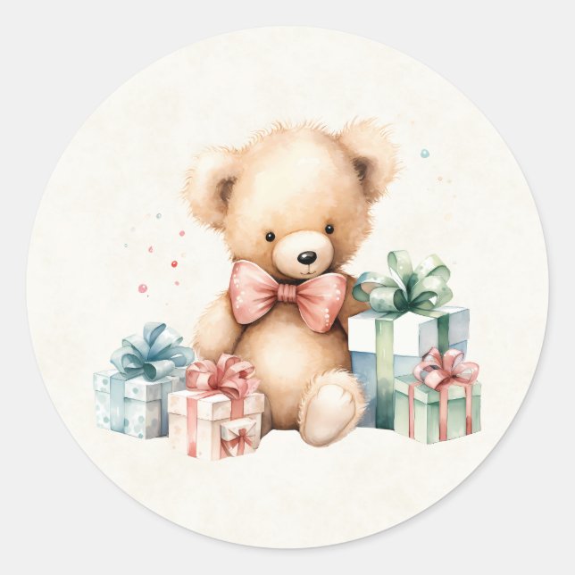 Pegatina Redonda Oso de peluche con regalo de Navidad (Anverso)