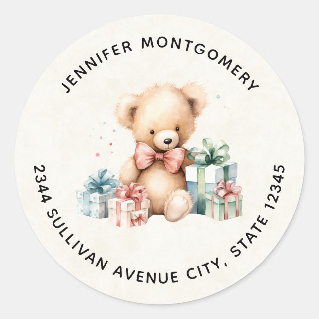 Pegatina Redonda Oso de peluche con regalo de Navidad - Dirección (Anverso)