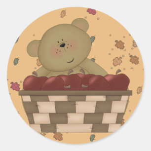 Pegatina Redonda oso de peluche de cosecha de manzanas