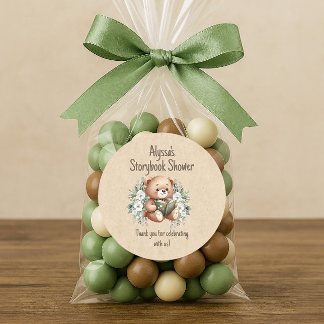 Pegatina Redonda Oso de peluche de cuento de hadas agradecimiento p (Teddy bear storybook baby shower "Thank you" sticker.
)