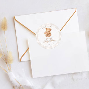 Pegatina Redonda Oso de peluche de gingham marrón, papel de baby sh