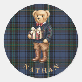 Pegatina Redonda Oso de peluche de Navidad a cuadros elegante y clá