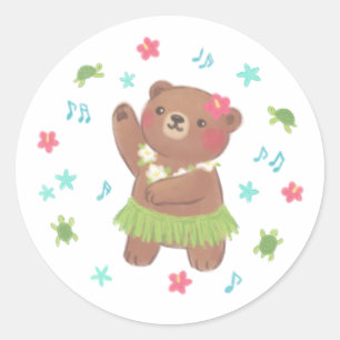 Pegatina Redonda Oso de peluche en el Ilustracion de Hawái