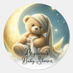 Pegatina Redonda Oso de peluche en la luna resplandecen estrellas B