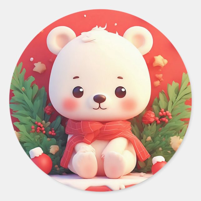 Pegatina Redonda Oso de peluche festivo con regalos y árbol de Navi (Anverso)