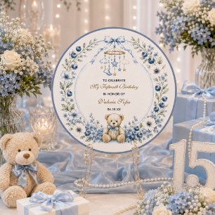Pegatina Redonda Oso de peluche floral azul fiesta de cumpleaños qu