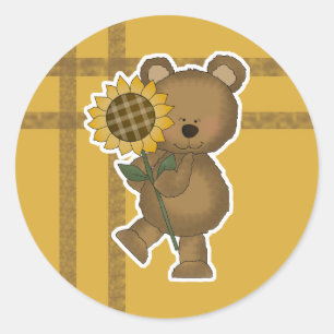 Pegatina Redonda Oso de peluche girasol lindo