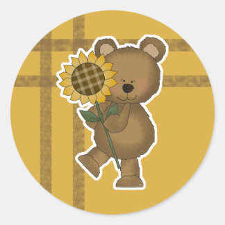 Pegatina Redonda Oso de peluche girasol lindo