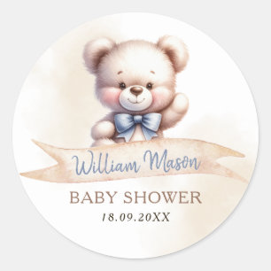 Pegatina Redonda Oso de peluche lindo Baby Shower Acuarela Moderna