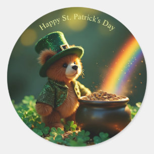 Pegatina Redonda Oso de peluche lindo del día de San Patricio