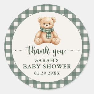 Pegatina Redonda Oso de peluche lindo Plaid verde Baby Shower Agrad