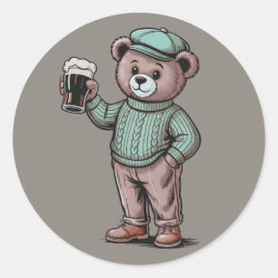 Pegatina Redonda Oso de peluche lindo que sostiene cerveza