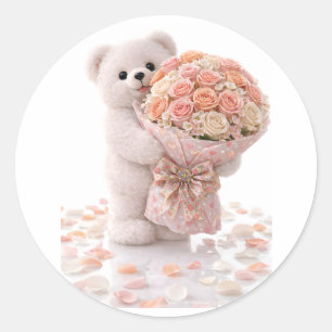 Pegatina Redonda Oso de peluche lindo sosteniendo un ramo de rosas 