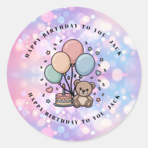 Pegatina Redonda Oso de peluche lindo y globos pastel para fiesta d