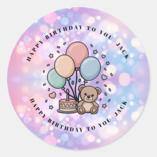 Pegatina Redonda Oso de peluche lindo y globos pastel para fiesta d