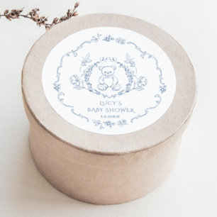 Pegatina Redonda Oso de peluche Marco floral vintage Toile baby sho