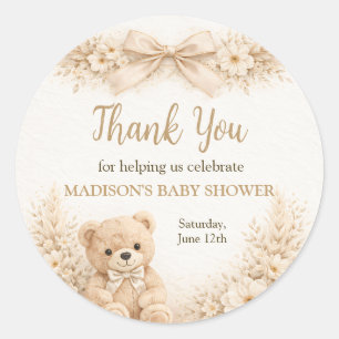 Pegatina Redonda Oso de peluche neutral Gracias Baby Shower Boho