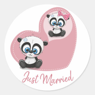 Pegatina Redonda Oso de peluche panda rosa recién casado corazón bo