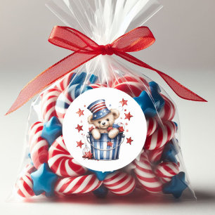 Pegatina Redonda Oso de peluche patriótico estrellas rayas bandera 