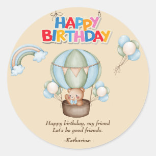 Pegatina Redonda Oso de peluche personalizado, feliz cumpleaños