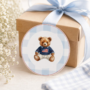 Pegatina Redonda Oso de peluche Preppy Americana a cuadros azules n