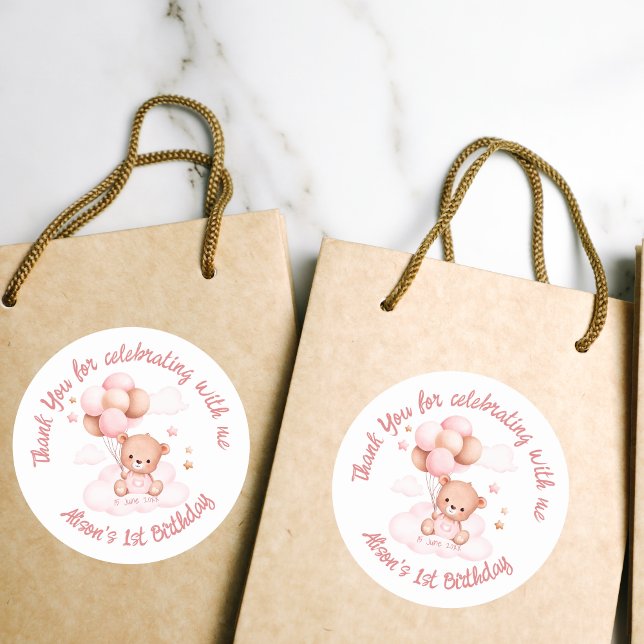 Pegatina Redonda Oso de peluche rosa con globos sobre nubes persona (Subido por el creador)