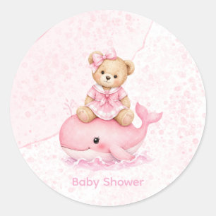 Pegatina Redonda Oso de peluche rosa en la fiesta de bebé de la niñ