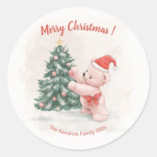 Pegatina Redonda Oso de peluche rosa Navidad Retro (Anverso)