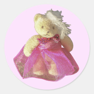 Pegatina Redonda Oso de peluche rosa vestido fiesta animal