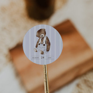 Pegatina Redonda Oso de peluche vintage azul con raya fina